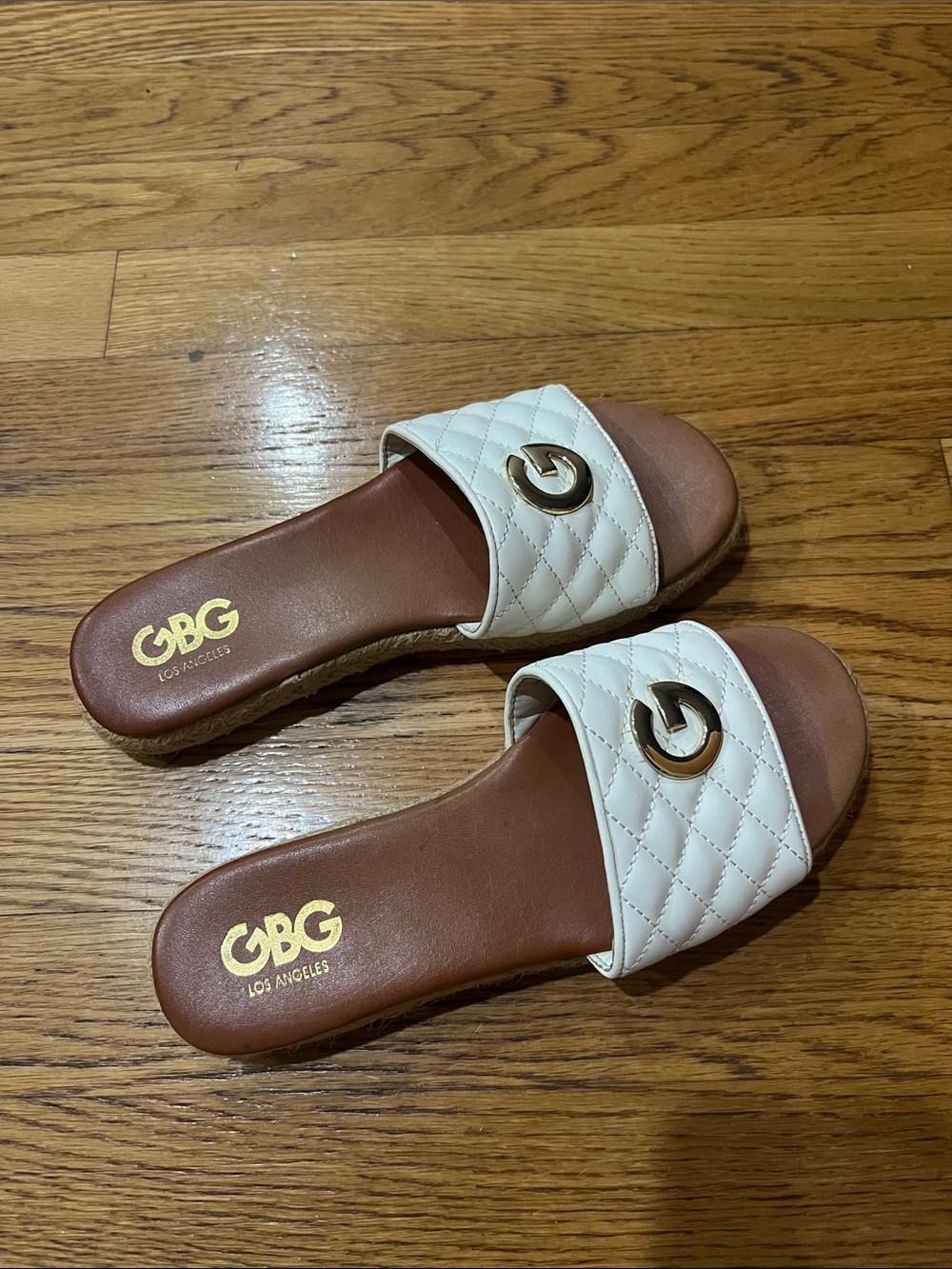 GBG Los Angeles Cream Quilted Slide Sandals with Gold Accent